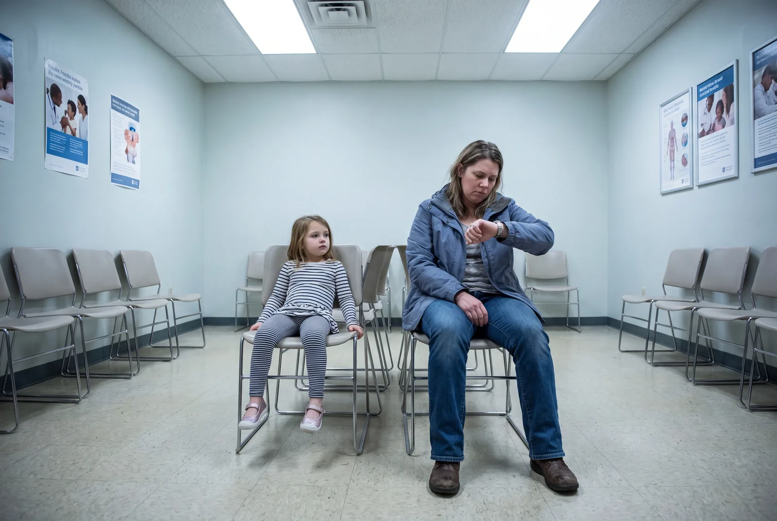 A mother and son waiting in an allergy clinic waiting room