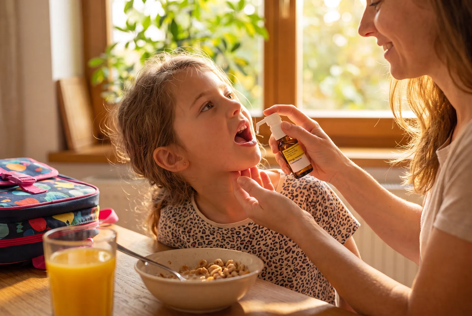 A mother giving her son food allergy drops at the kitchen table