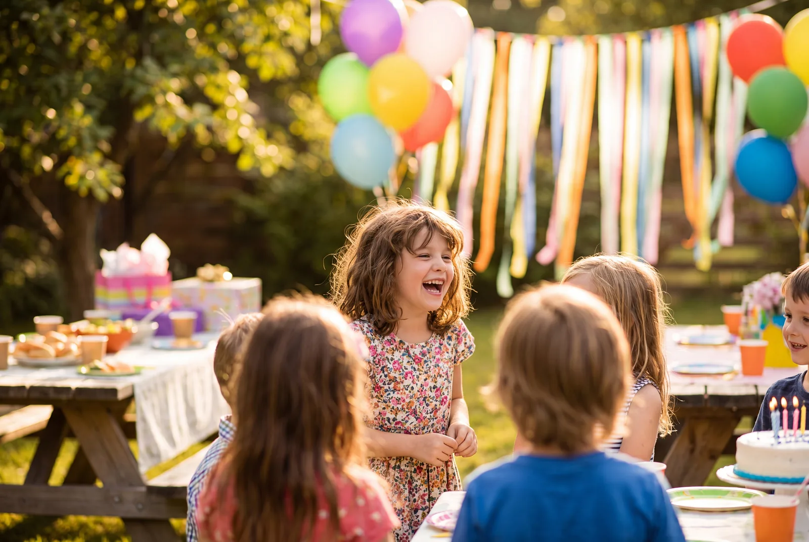 A young boy laughing with friends at a backyard birthday party